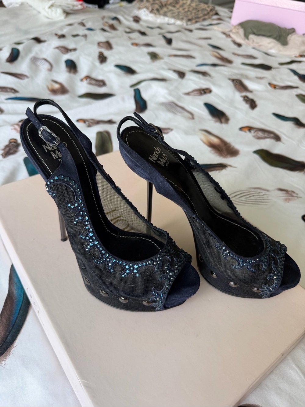 Nando Muzi Navy Blue Embellished Peep-Toe Slingback Heels